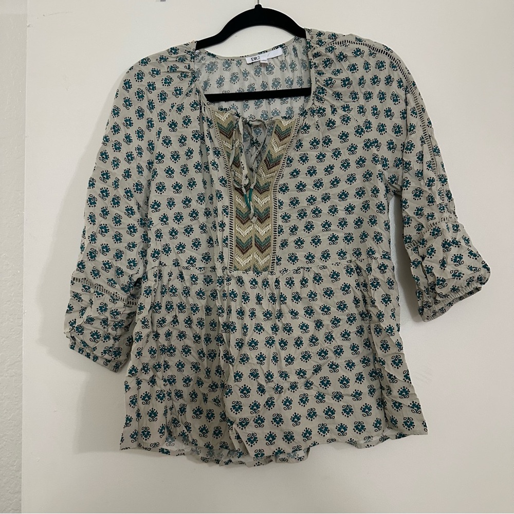 DR2 Embroidered Boho Bohemian Peasant V Neck Tie Half Sleeve TopTeal